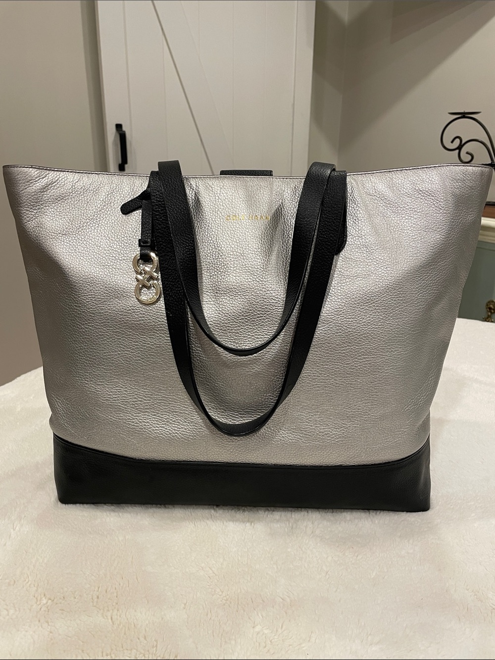 Cole Haan Metallic Silver & Black Two-Tone Laptop Tote Bag
